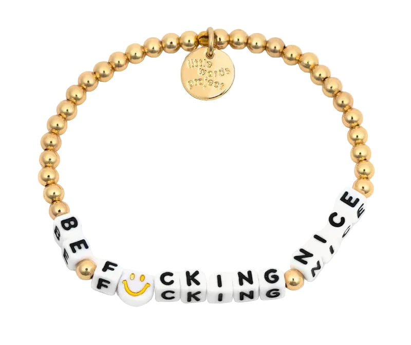 Be Fucking Nice White Gold Smiley bracelet funny statement bracelet by Little Words Project
