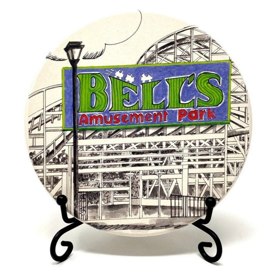 Front view of Tulsa in Ink clay coaster featuring Bell’s Amusement Park in full color, hand-drawn artwork