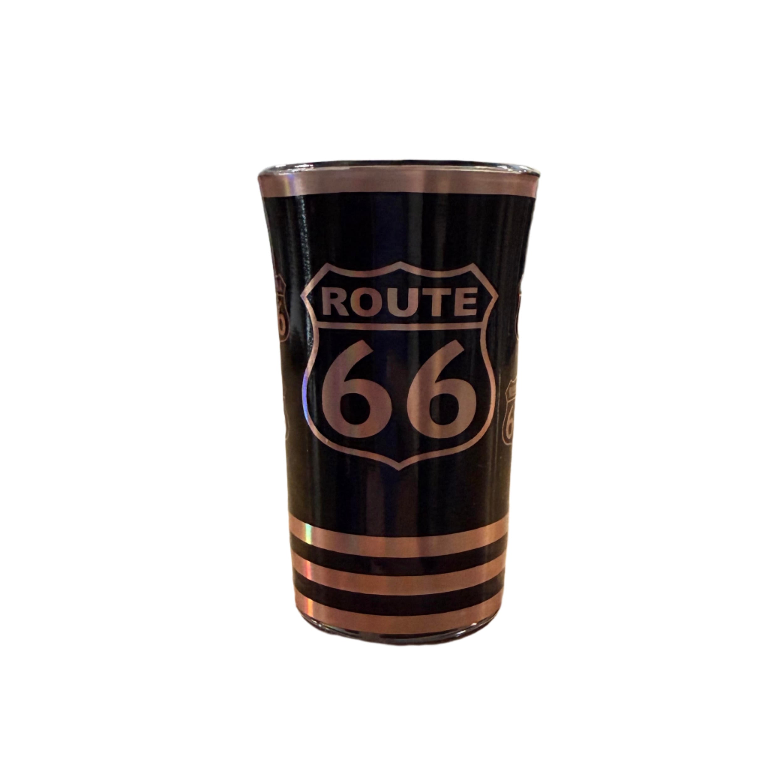 Black shot glass with large Route 66 rose gold shield on front