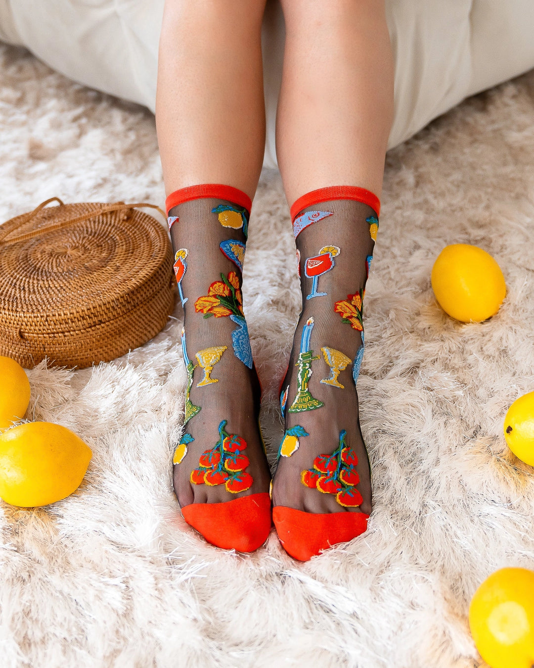 artistic sheer socks with red orange accents
