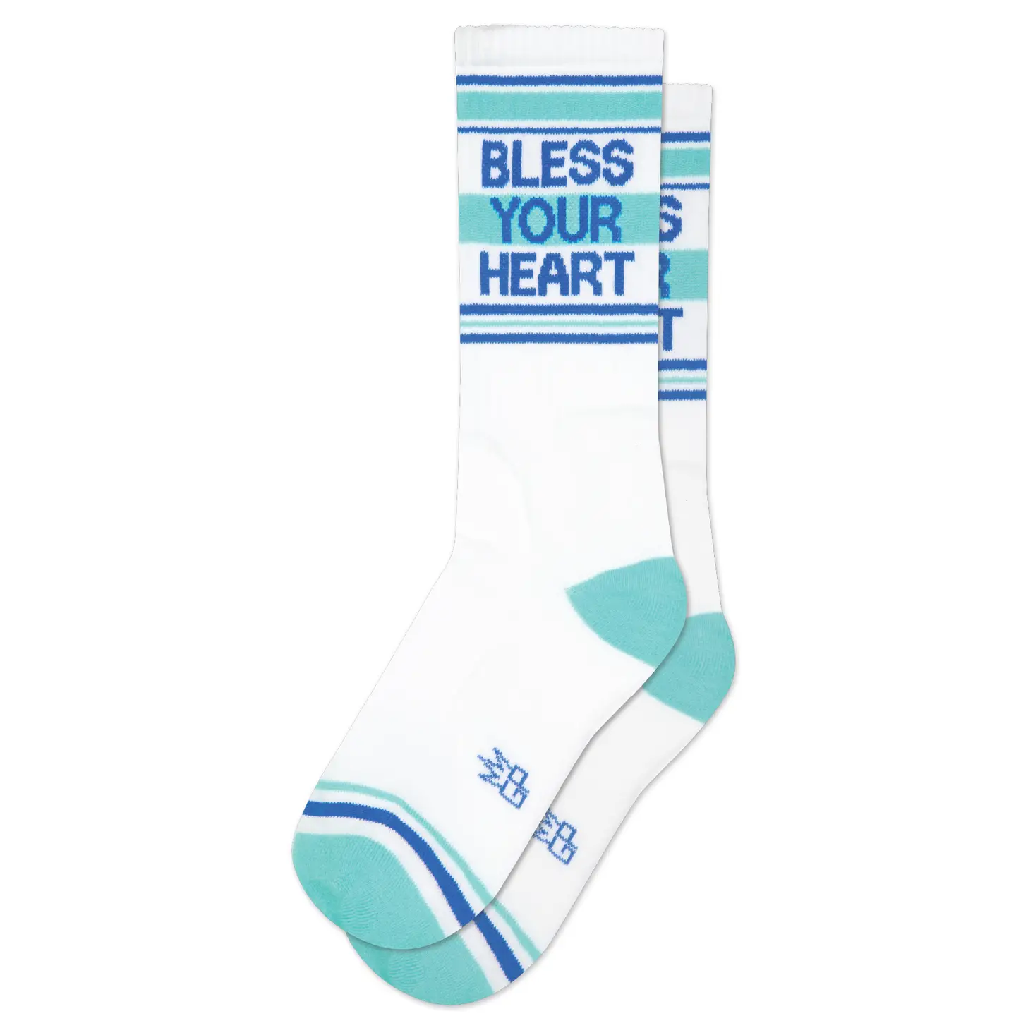Bless Your Heart gym socks in white with blue and light blue accents