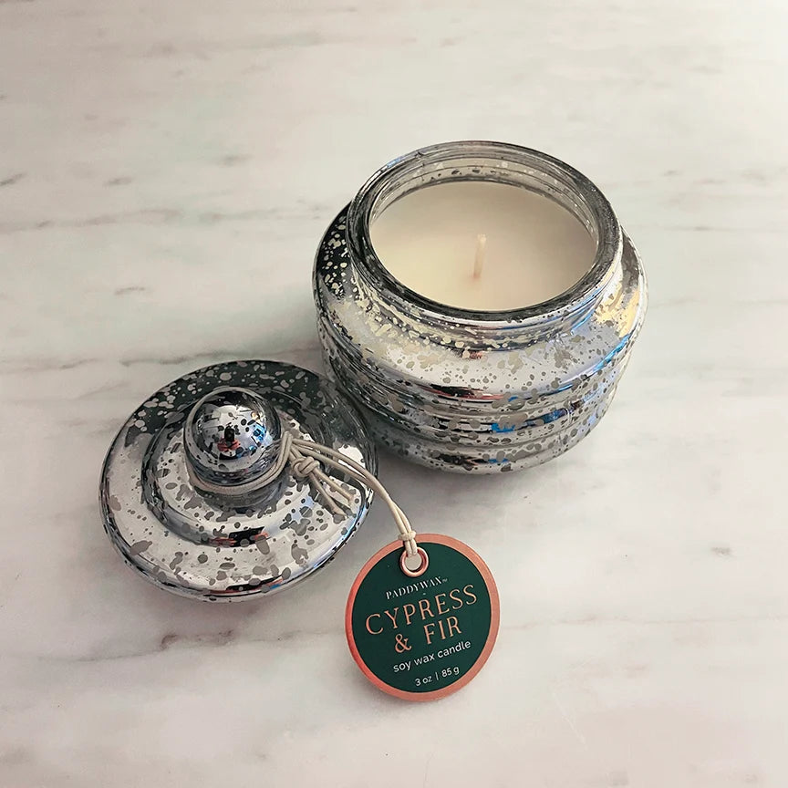 Cypress Fir Beam Silver Mercury Glass Candle 3oz