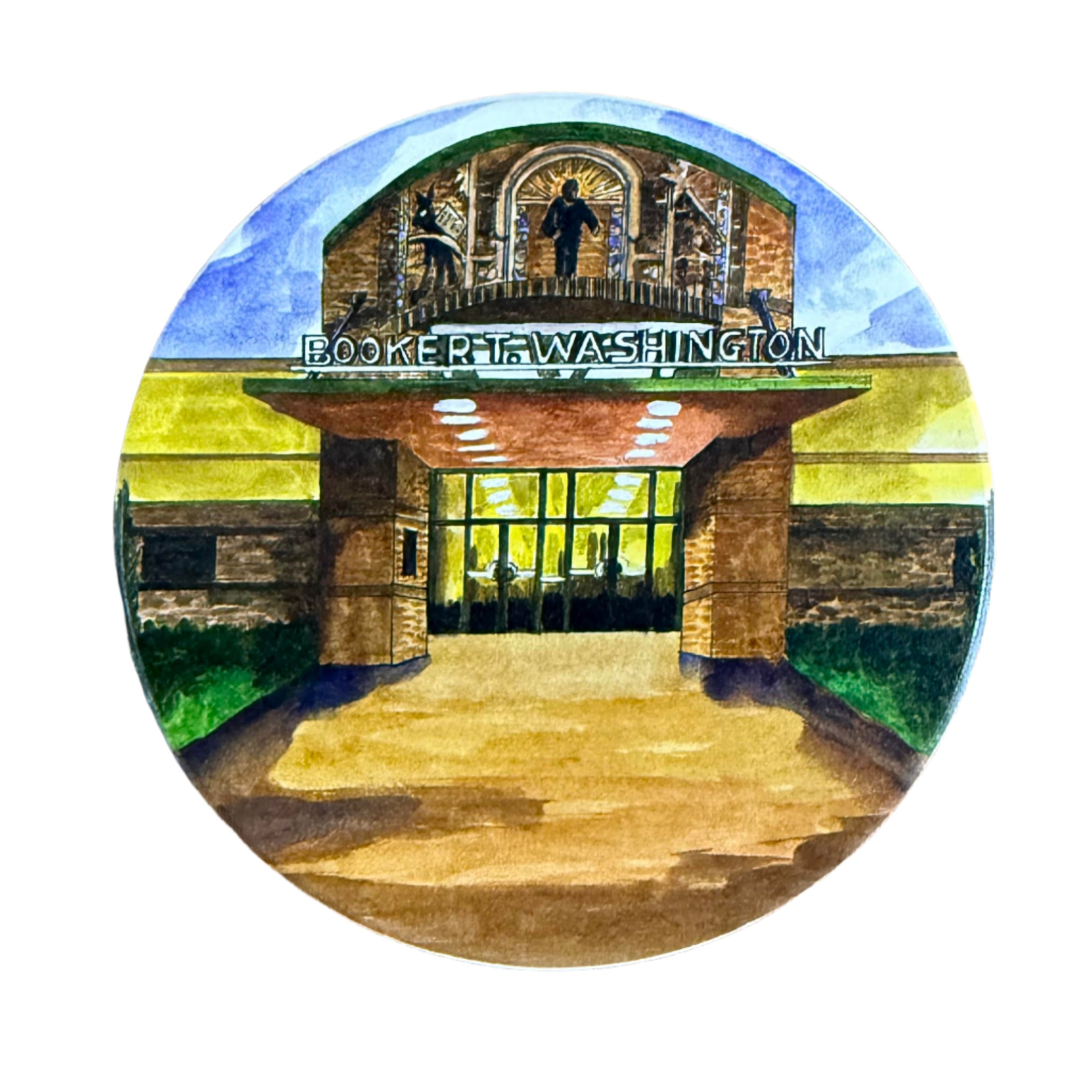 Hand-drawn, full-color waterstone coaster featuring Booker T. Washington High School in Tulsa, Oklahoma