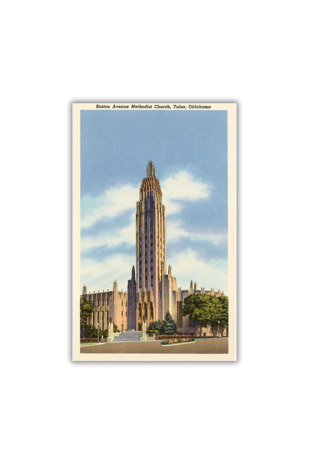 Vintage-style postcard of the Boston Avenue Methodist Church in Tulsa, Oklahoma, featuring classic Art Deco design.