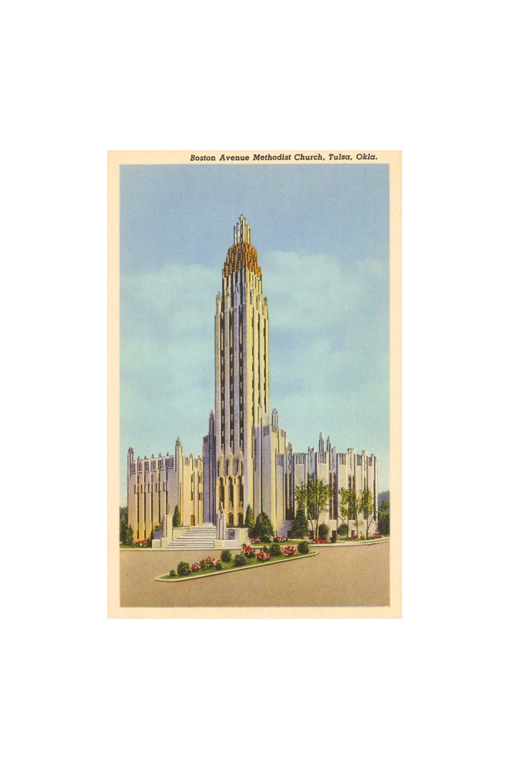 Retro art print of the Boston Avenue Methodist Church in Tulsa, Oklahoma, featuring iconic Art Deco architecture.