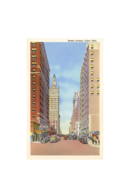 Vintage art print of Boston Avenue street view in Tulsa, Oklahoma with classic downtown architecture.
