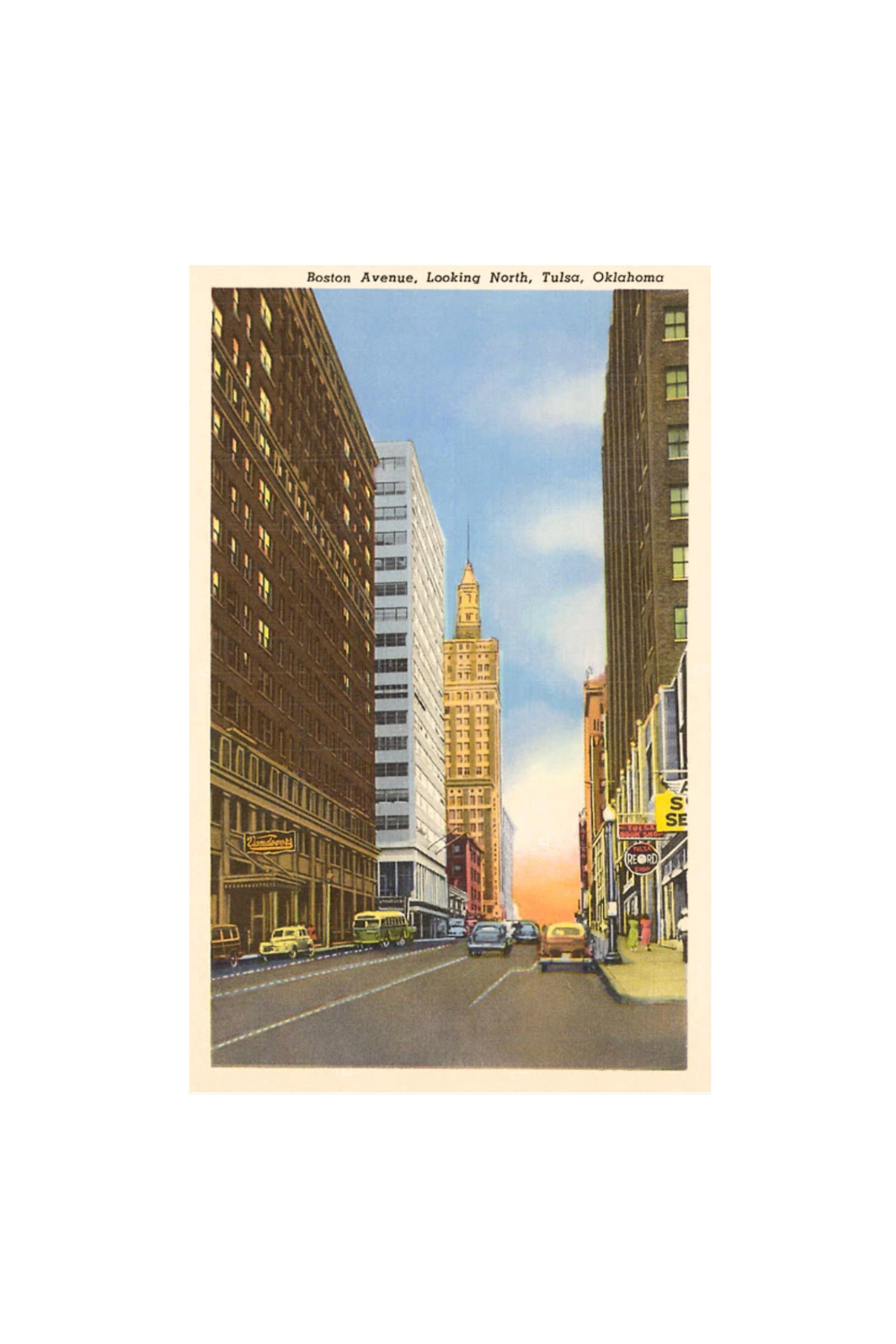 Retro art print of Boston Avenue in downtown Tulsa, Oklahoma with historic street view looking north.