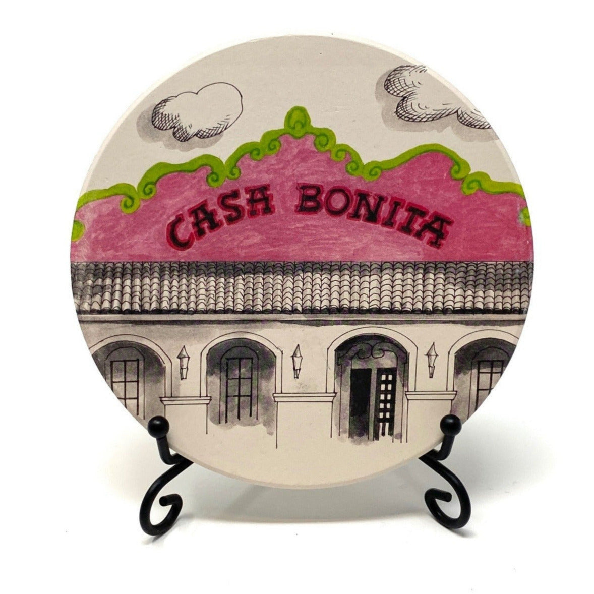 Full-color clay coaster featuring a hand-drawn illustration of Casa Bonita from the Tulsa in Ink collection