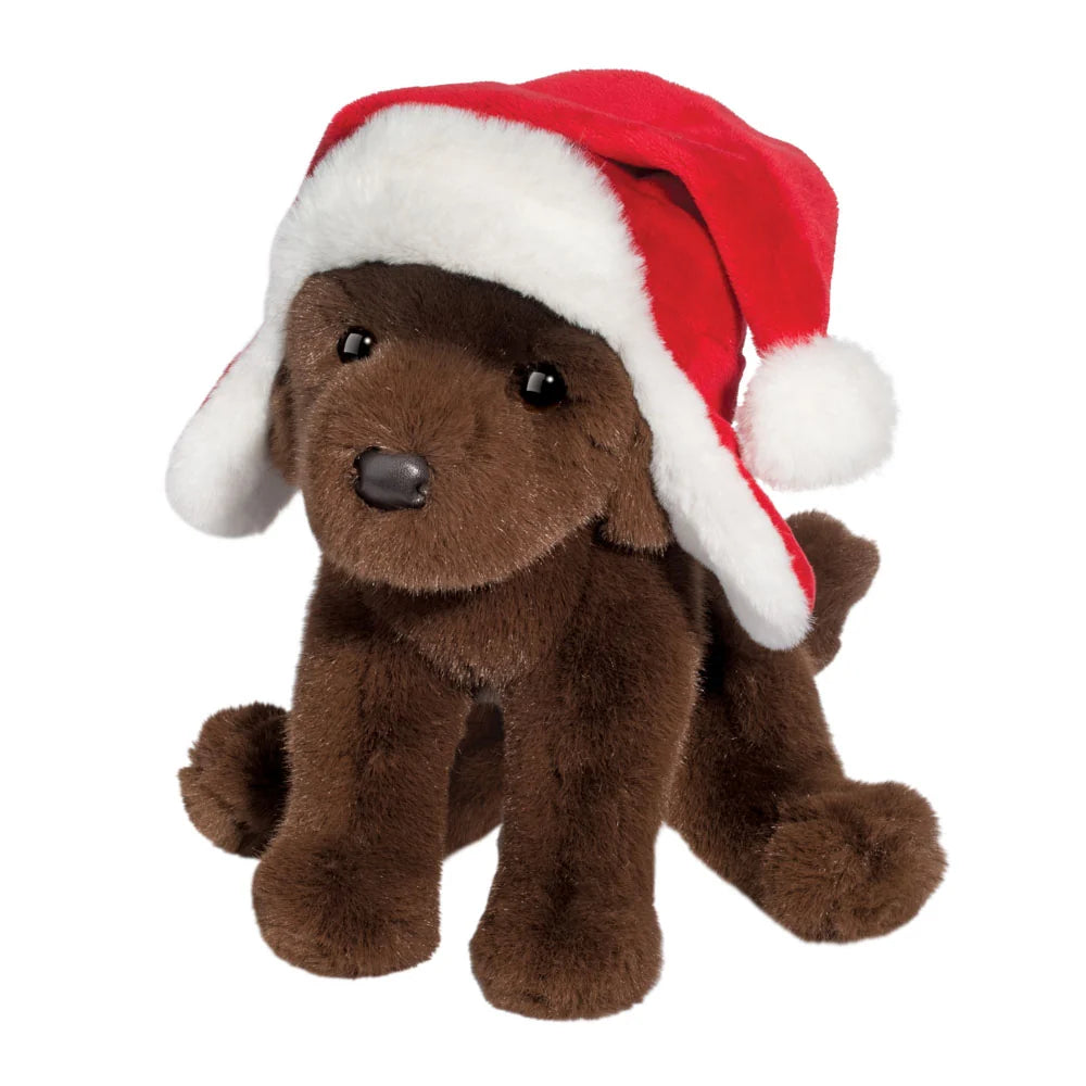 Chocolate Lab with Santa Bomber Hat Plush