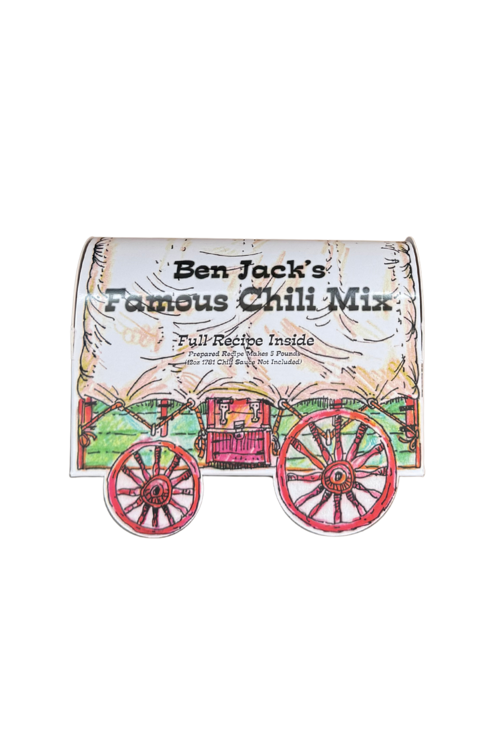 Ben Jack’s Chuck Wagon Chili Mix in a fun cardboard covered wagon, ready to make gourmet chili