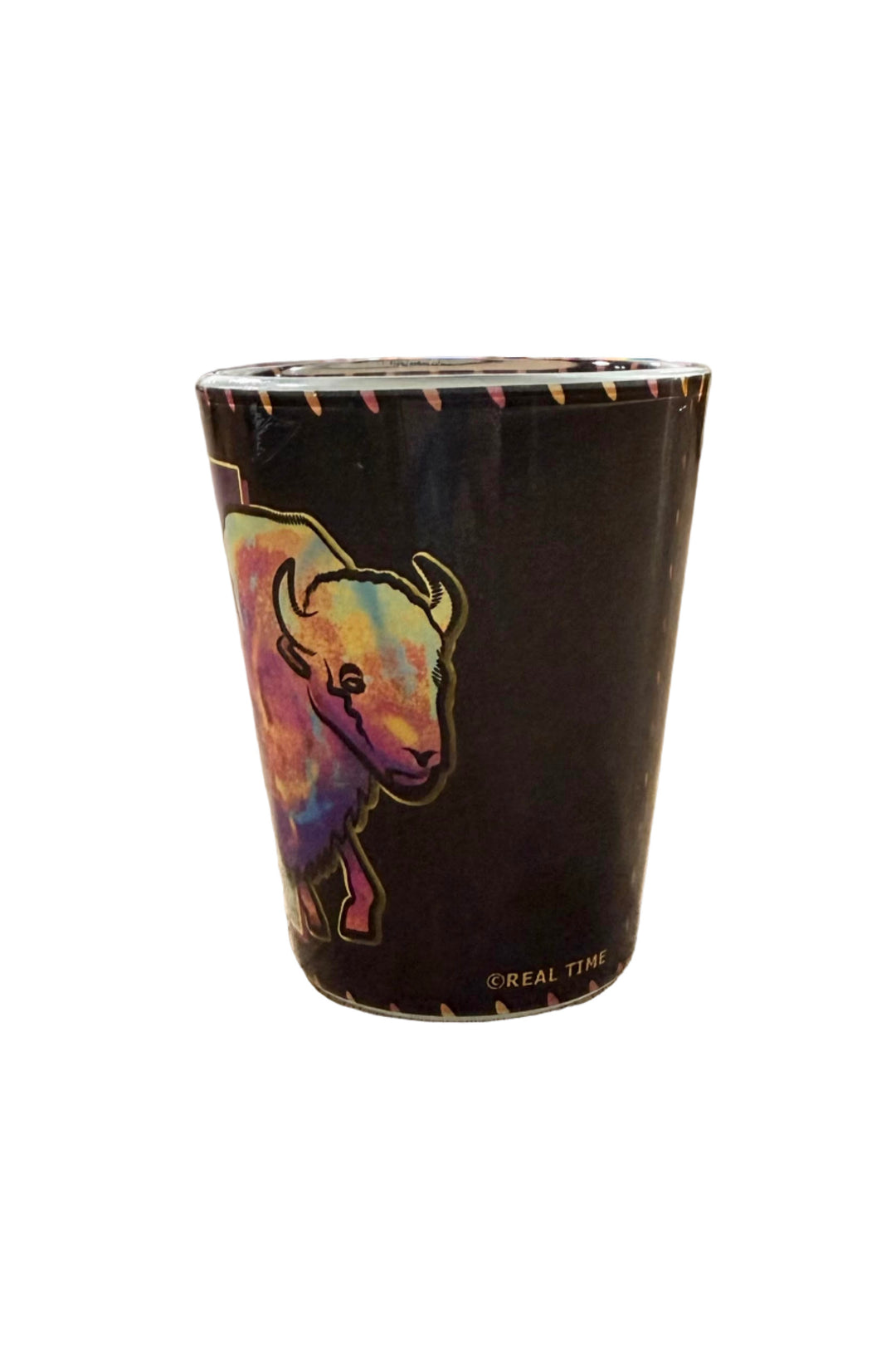 Oklahoma themed shot glass with colorful buffalo graphic