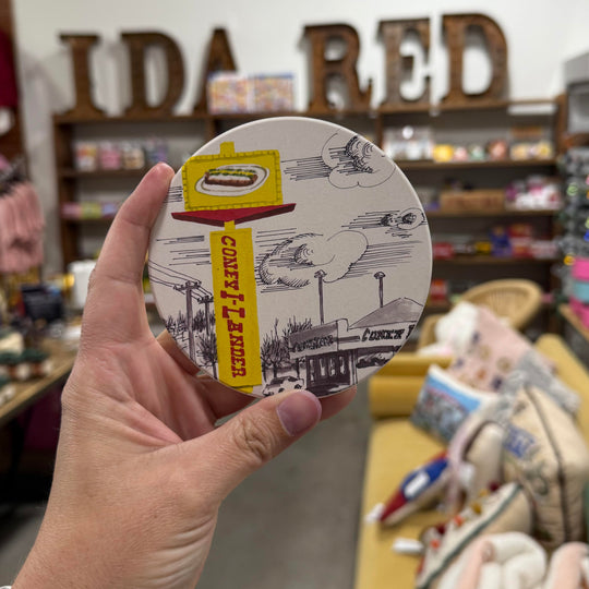 Full-color coaster from the Tulsa in Ink collection with a retro illustration of Coney I-Lander