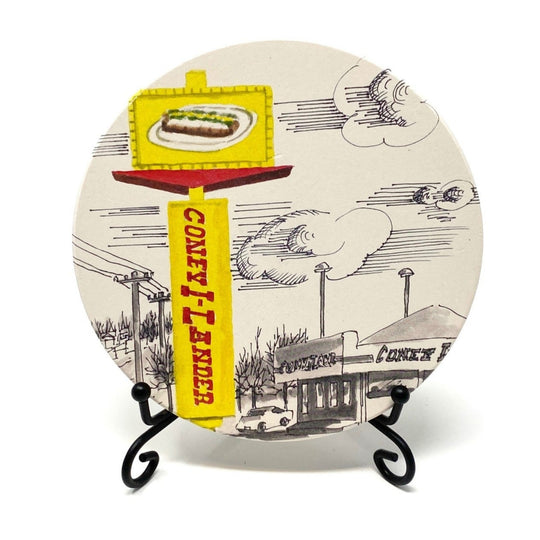 Hand-drawn waterstone coaster featuring Tulsa’s iconic Coney I-Lander hot dog shop