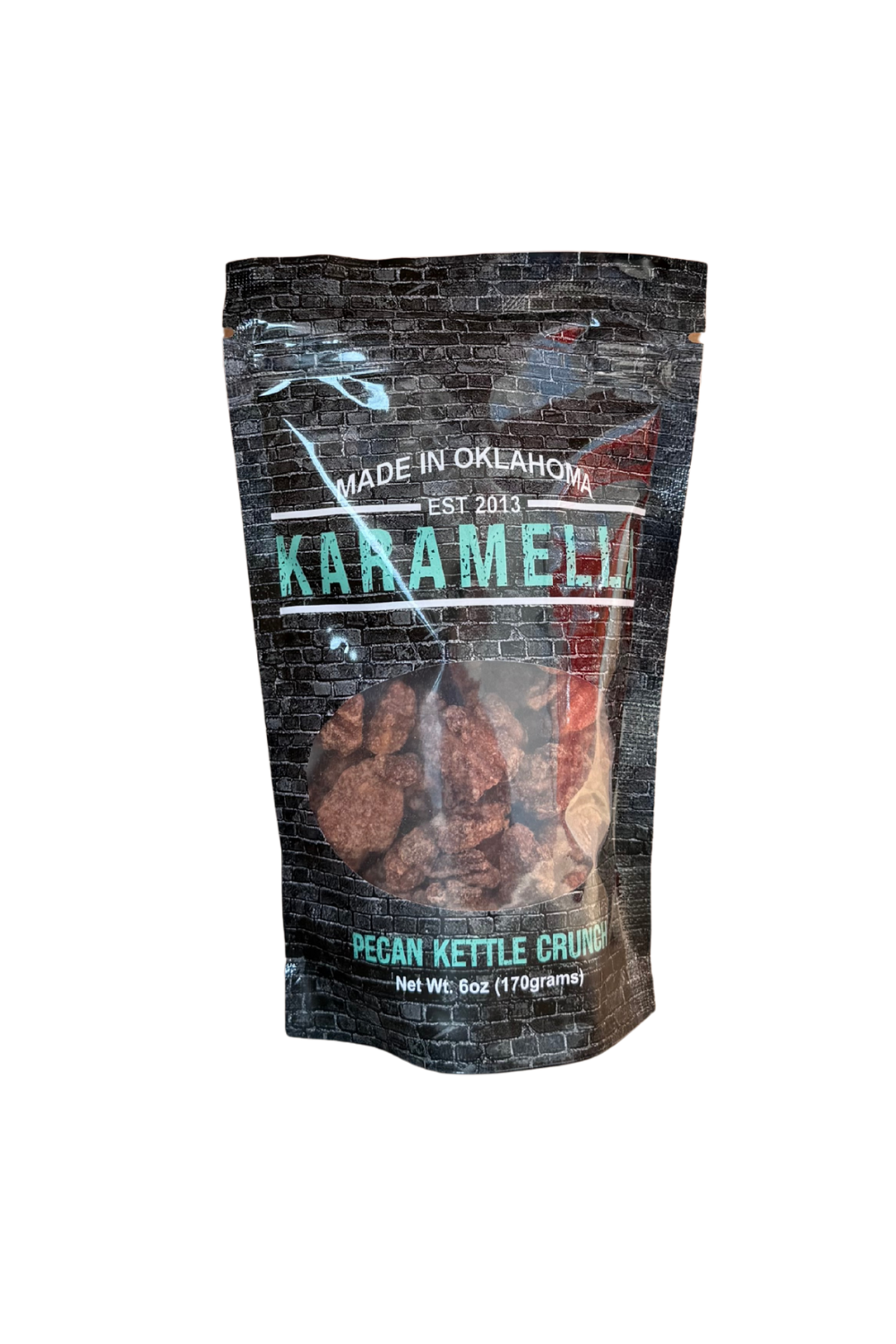 Bag of Karamella Pecan Kettle Crunch by Deep Fork Foods, buttery caramel and crunchy pecans
