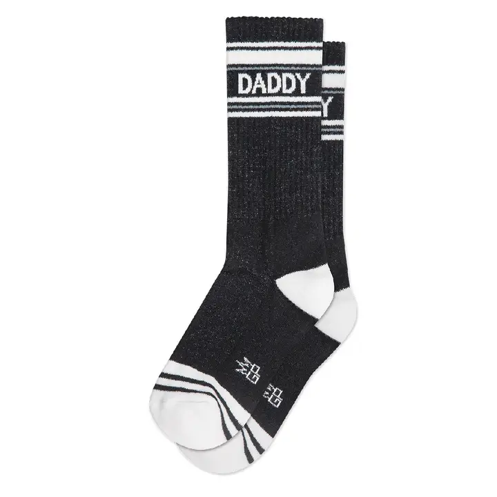 Black and white Daddy gym socks with bold lettering