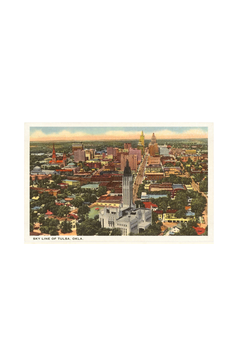 Aerial Art Print of downtown Tulsa, Oklahoma, showcasing the city skyline and urban landscape.