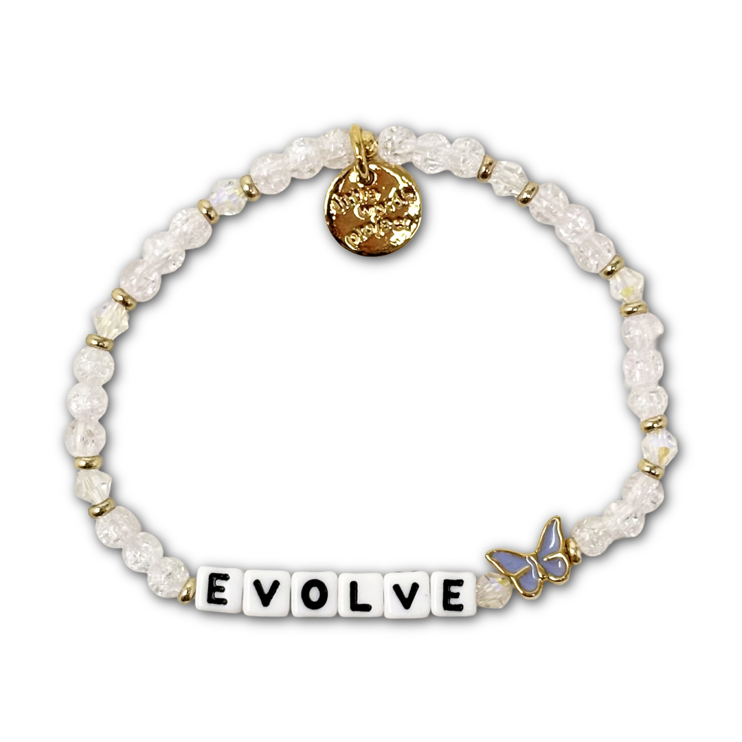 Bracelet with sparkly clear beads, a purple butterfly charm, and letter beads spelling "EVOLVE.