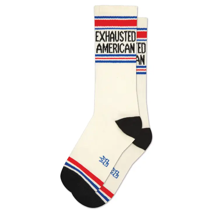 Exhausted American gym socks in white with red and blue accents
