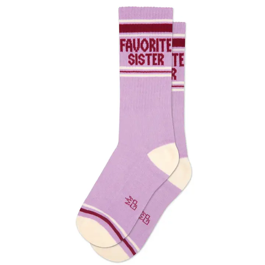 Favorite Sister gym socks in pink with red and white accents