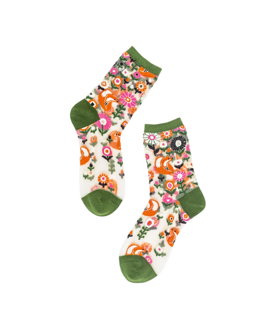 sheer socks with fox and flower design