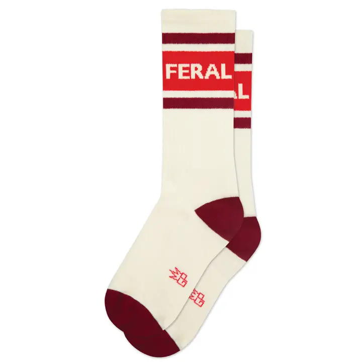 Feral gym socks in off white with maroon and red accents