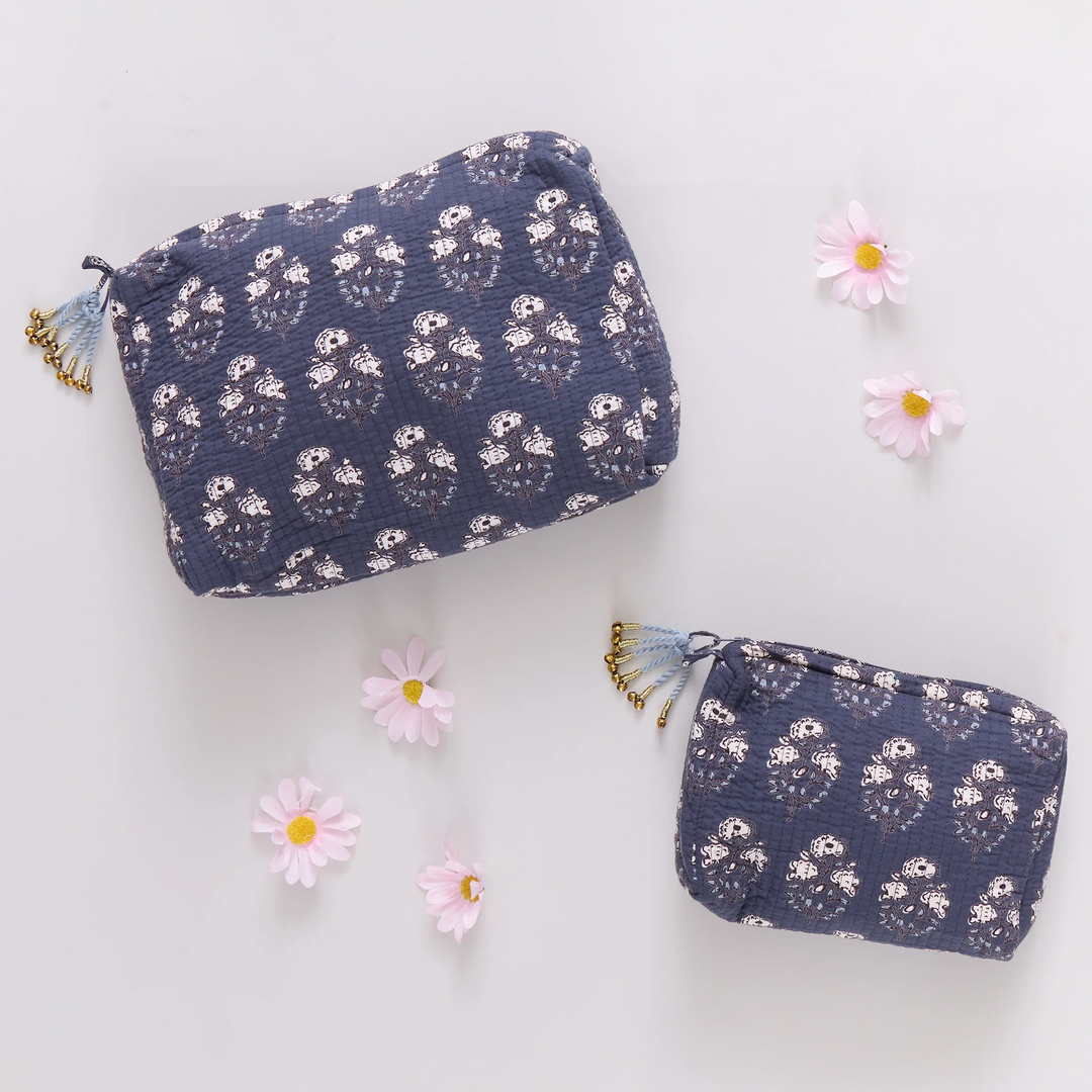 Pink Chicken - Navy Strawflower Quilted Pouch