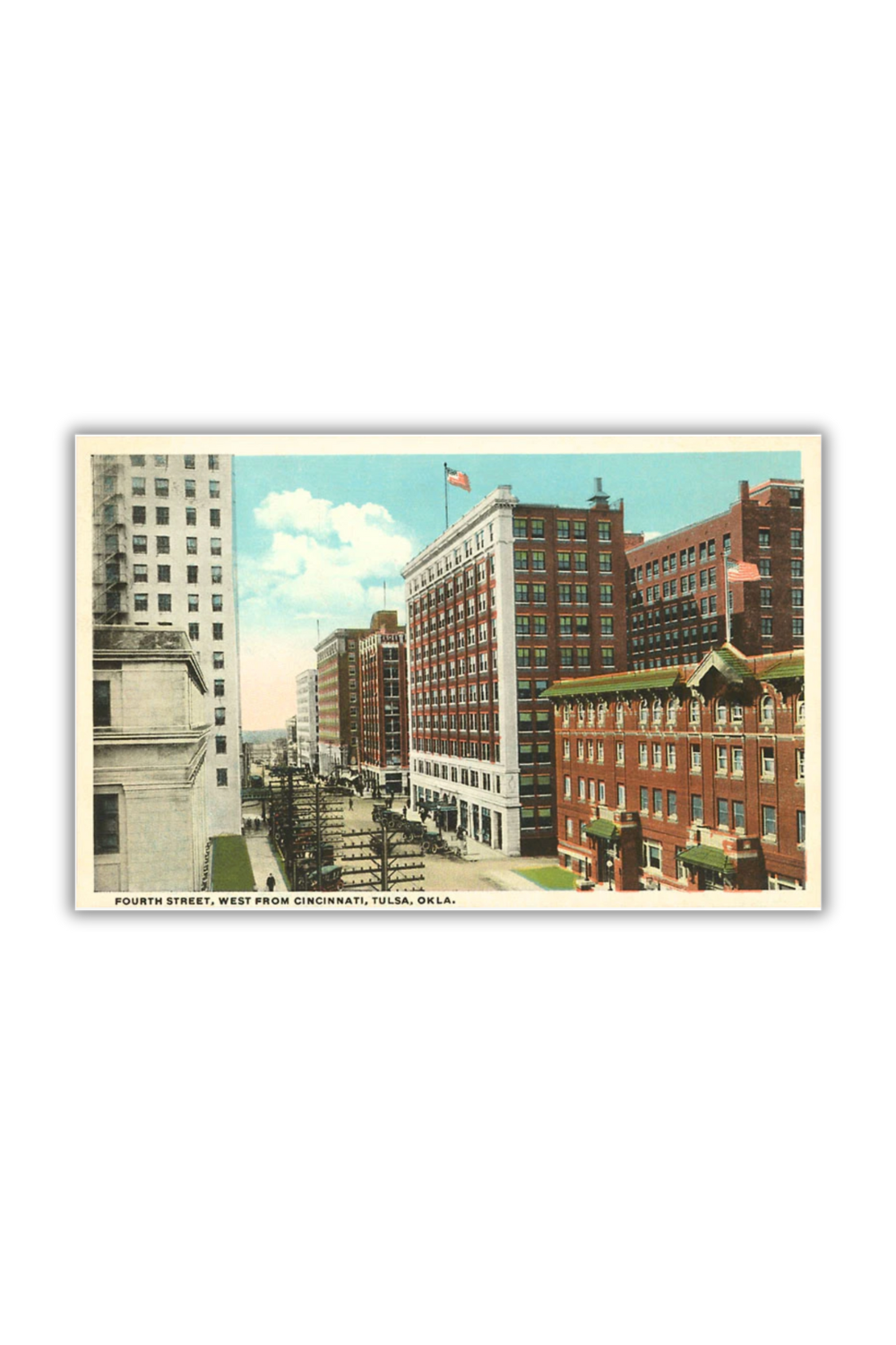Retro-style postcard showing a vintage view of Fourth Street in downtown Tulsa, Oklahoma.