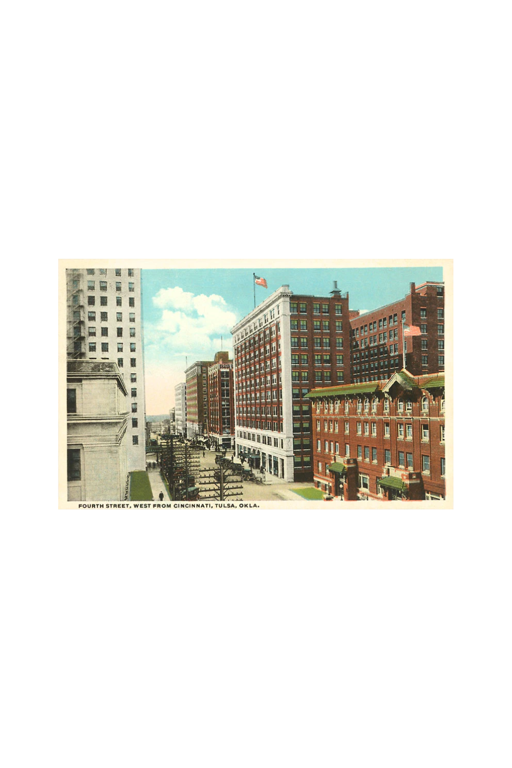 Retro-style postcard showing a vintage view of Fourth Street in downtown Tulsa, Oklahoma.
