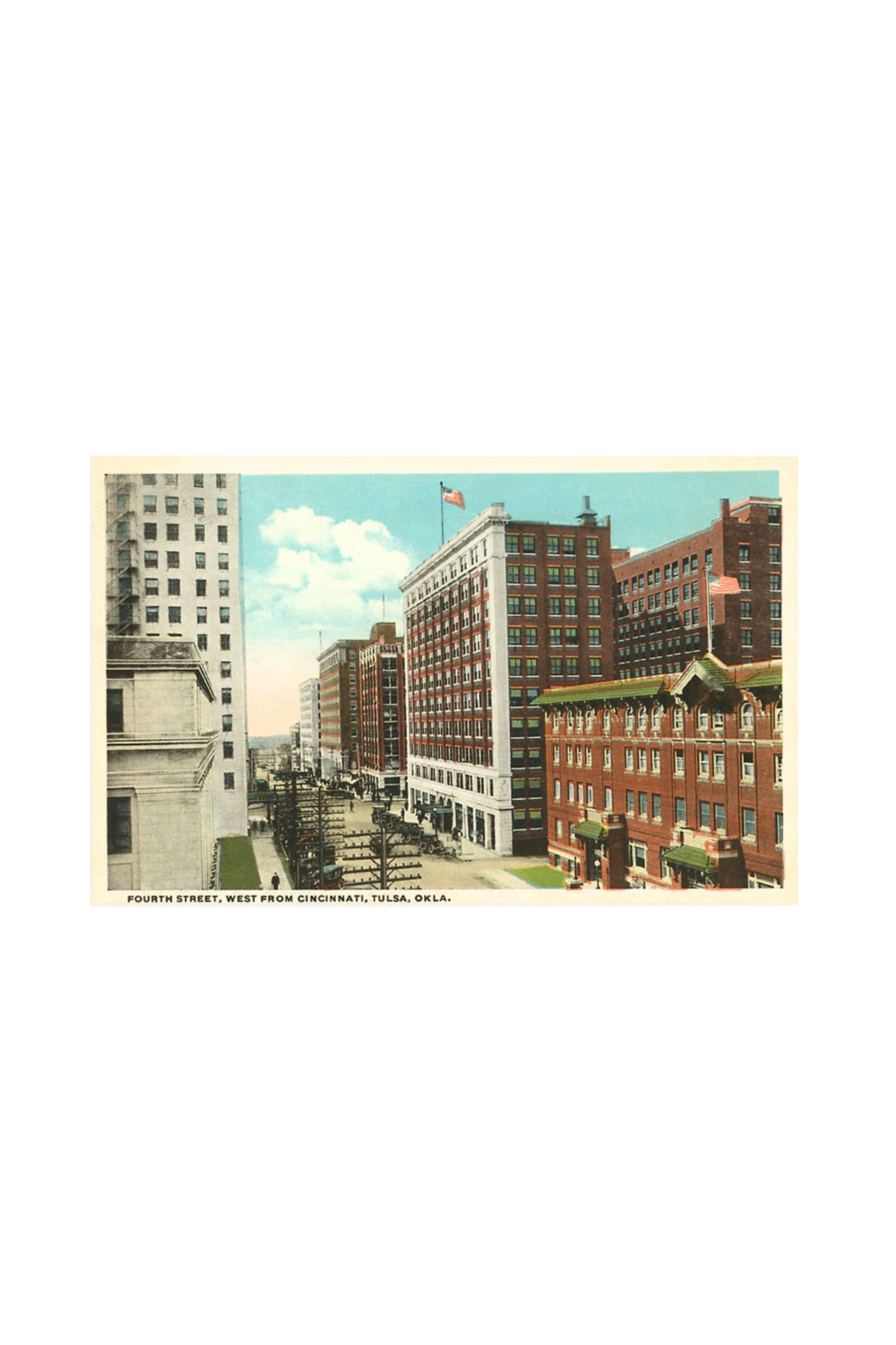 Retro art print of Fourth Street in downtown Tulsa, Oklahoma with classic storefronts and city scene.
