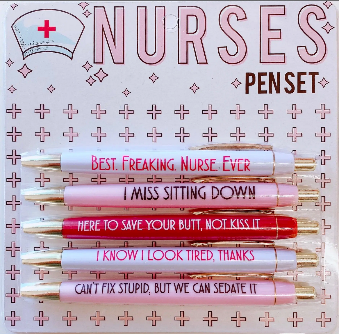 Set of colorful pens for nurses with funny phrases