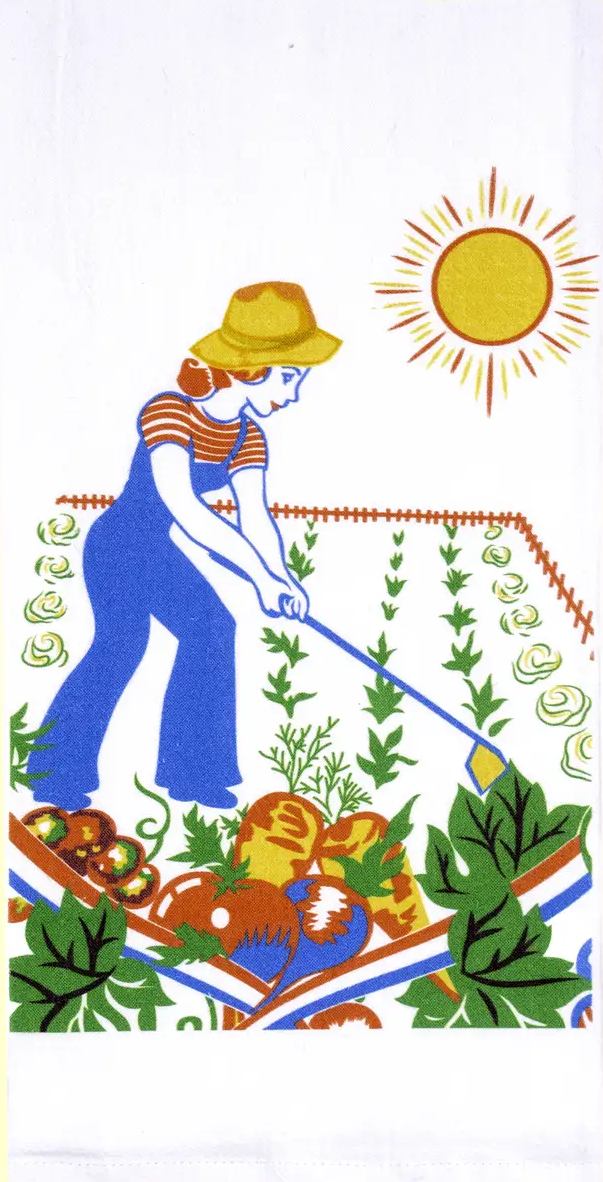 Retro woman gardening woven cotton kitchen towel