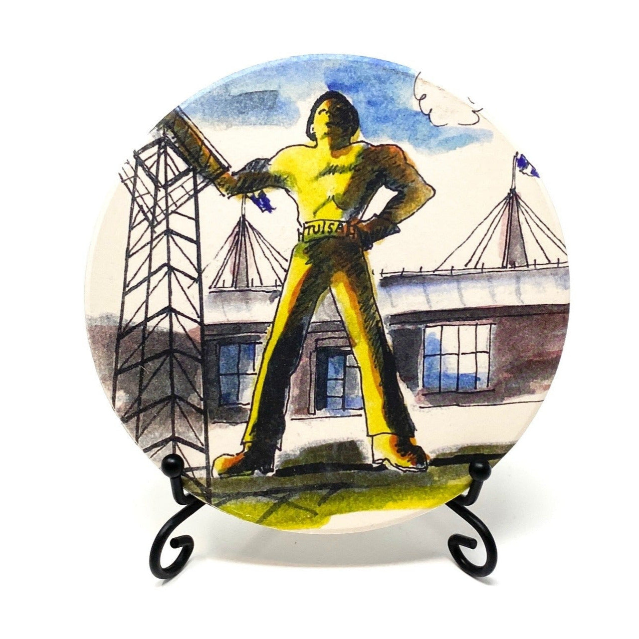 Front view of Tulsa in Ink coaster featuring the Golden Driller in vibrant, hand-drawn color