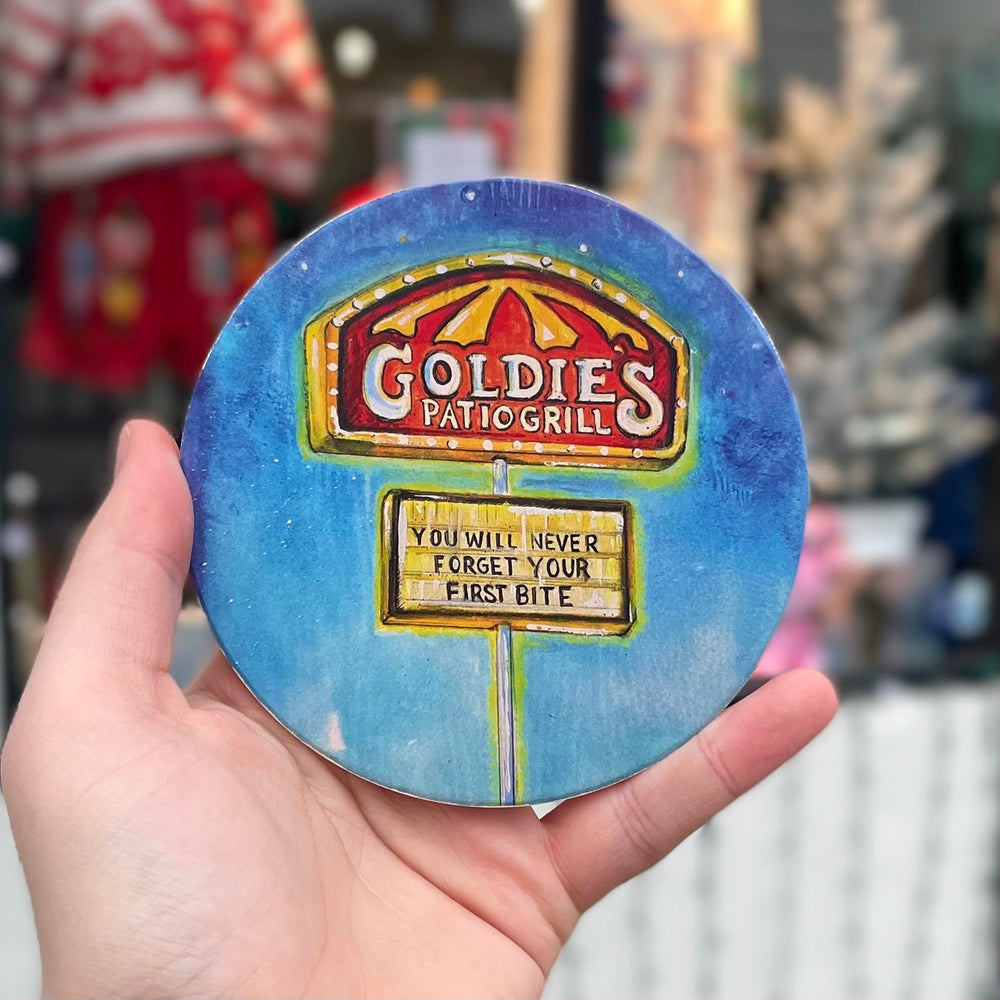 Tulsa in Ink coaster of Goldie’s Patio Grill sign
