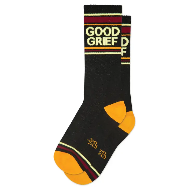 Good Grief gym socks in black with dark red and yellow accents