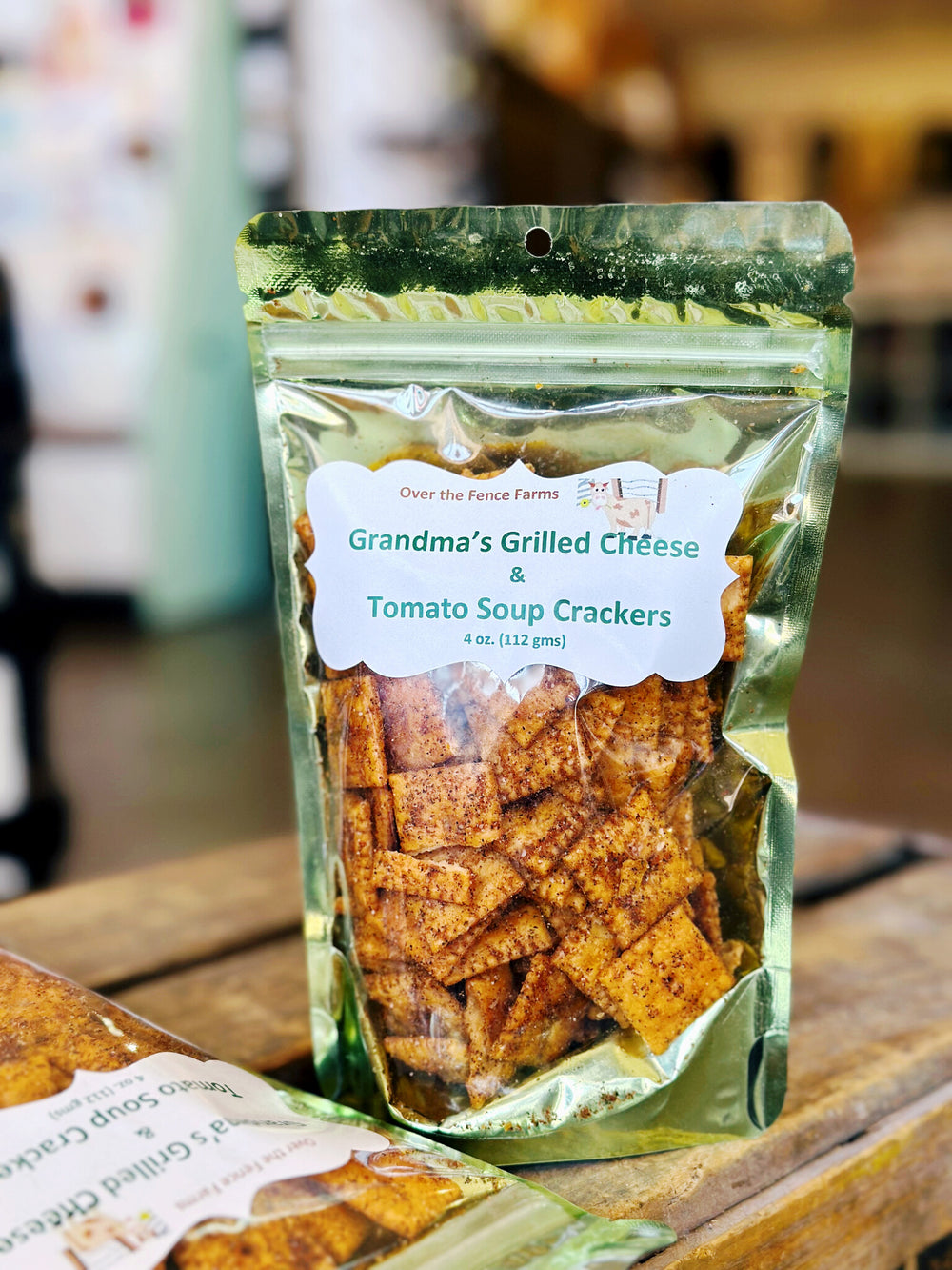Bag of Grilled Cheese and Tomato Soup Crackers from Over the Fence Farms in Oklahoma