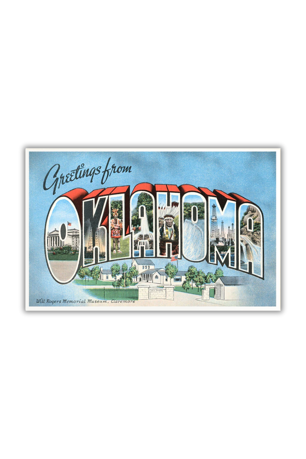 Retro postcard with “Greetings from Oklahoma” text filled with state icons and landmarks, vintage travel design.
