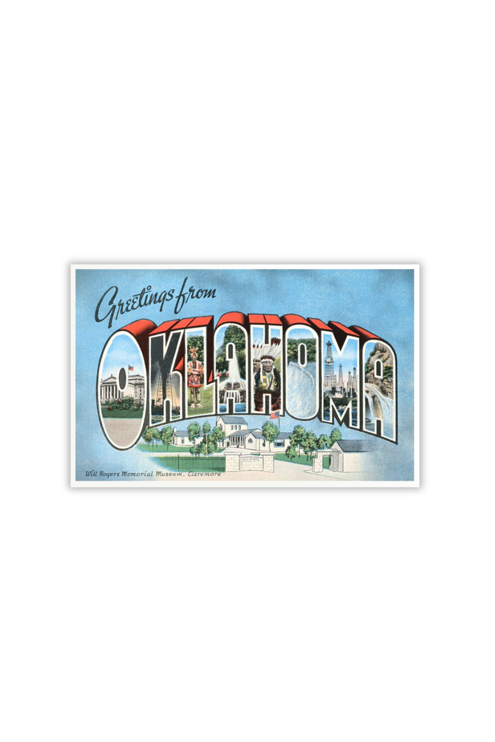 Retro postcard with “Greetings from Oklahoma” text filled with state icons and landmarks, vintage travel design.