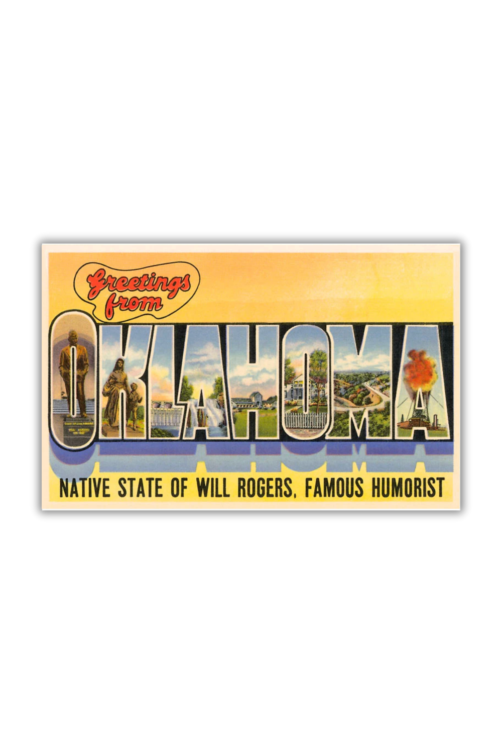 Vintage Oklahoma postcard featuring Will Rogers and classic state landmarks inside large retro-style letters.