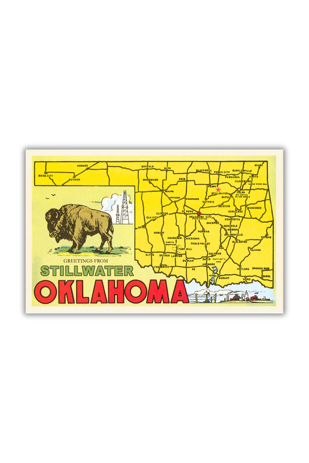 Vintage-style postcard showing an Oklahoma map with buffalo artwork and “Greetings from Stillwater Oklahoma” text.