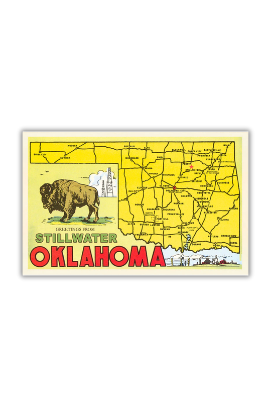 Vintage-style postcard showing an Oklahoma map with buffalo artwork and “Greetings from Stillwater Oklahoma” text.