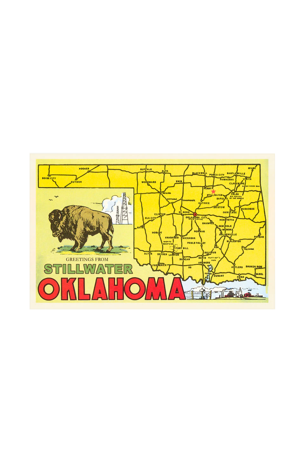 Vintage postcard-style art print of Stillwater, Oklahoma featuring a buffalo and state map.