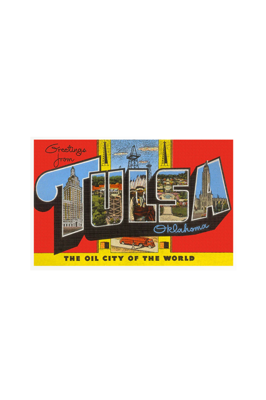 Retro Greetings from Tulsa art print with vintage postcard lettering featuring Tulsa icons and landmarks.