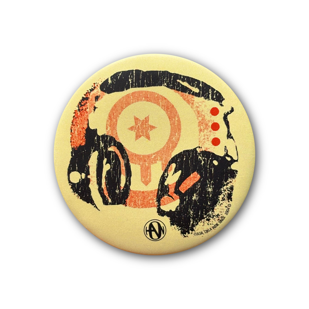 3-inch yellow Hanson magnet featuring black and orange Underneath era headphones design with Tulsa flag background – collectible music fan gift