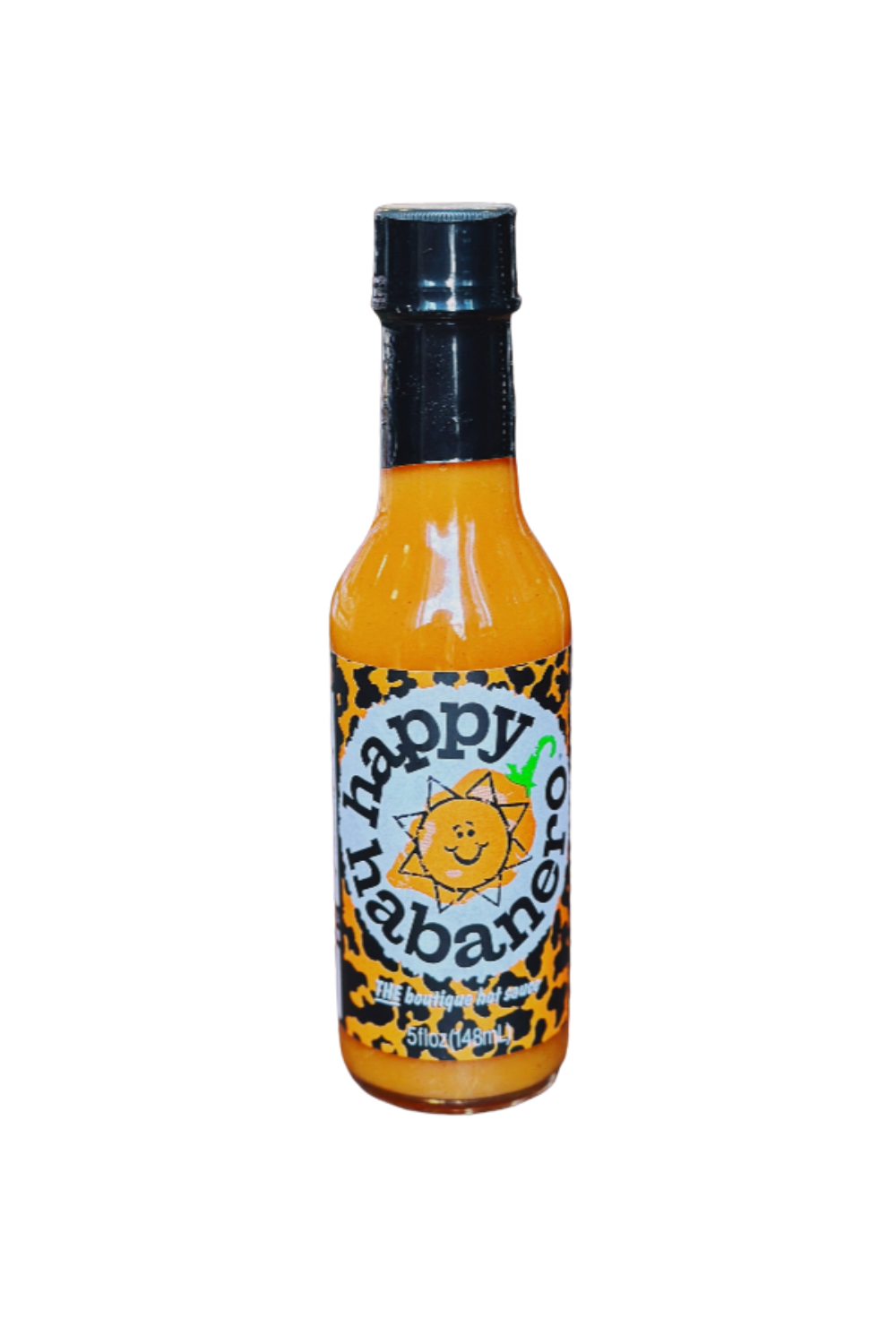 Bottle of Happy Habanero hot sauce small batch fiery flavor