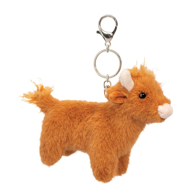 Plush highland cow bag charm with clip for backpacks and purses