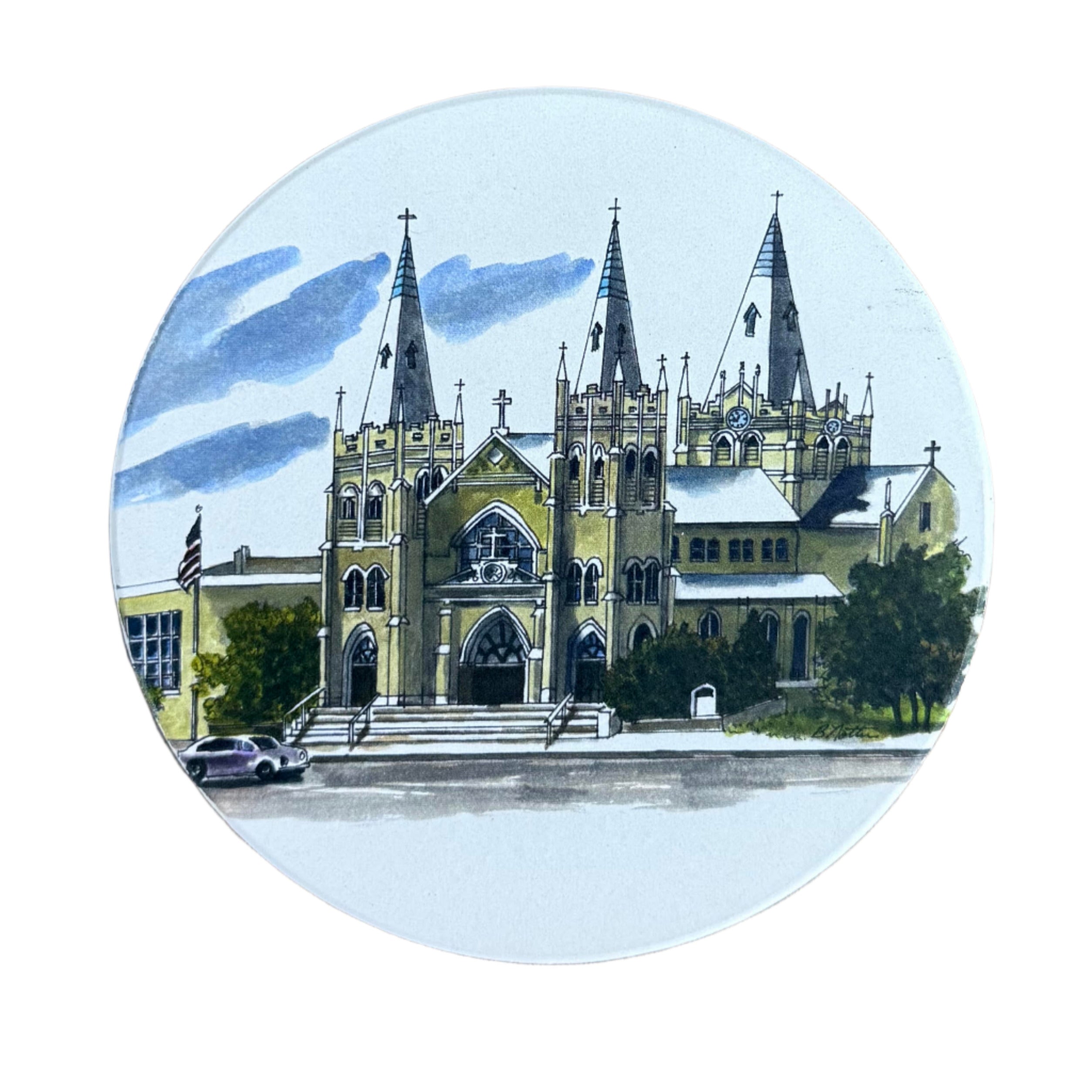 Hand-drawn, full-color coaster featuring Holy Family Cathedral in downtown Tulsa