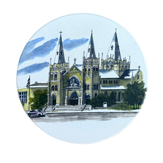 Hand-drawn, full-color coaster featuring Holy Family Cathedral in downtown Tulsa