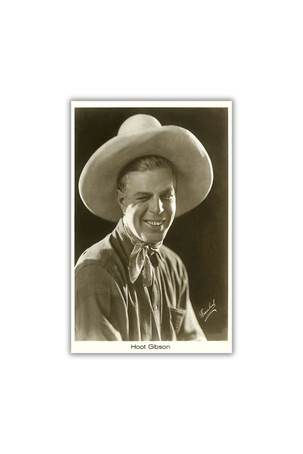 Vintage-style postcard featuring cowboy actor Hoot Gibson winking, classic Western film collectible.