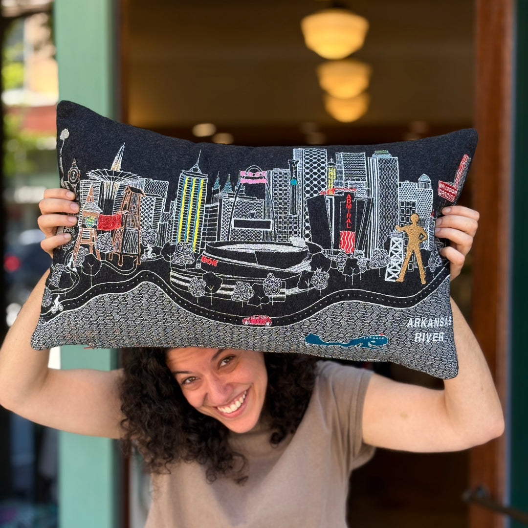 Black Tulsa Skyline Embroidered Pillow