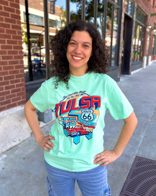 Tulsa Route 66 Classic Car Tshirt Island Green